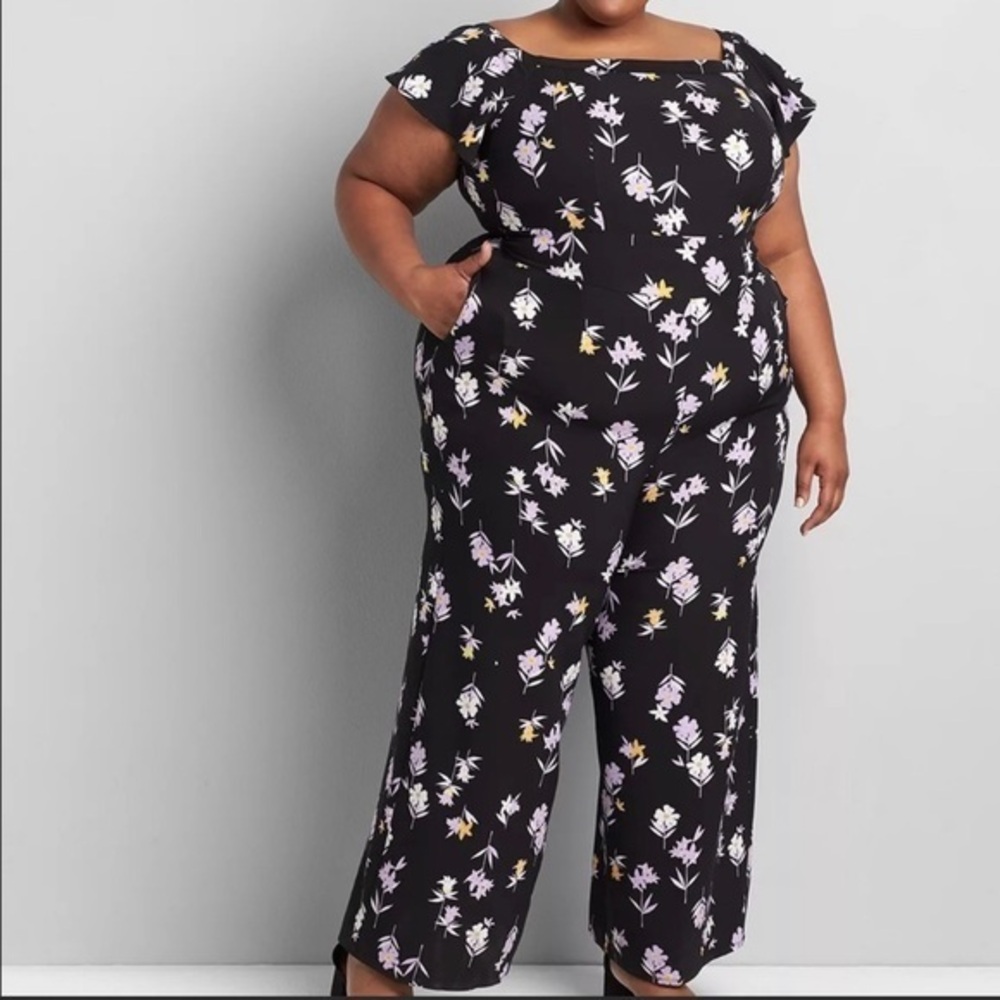 Lane Bryant Wide Leg Floral Black Lena Off the Shoulder Flutter Sleeve Jumpsuit